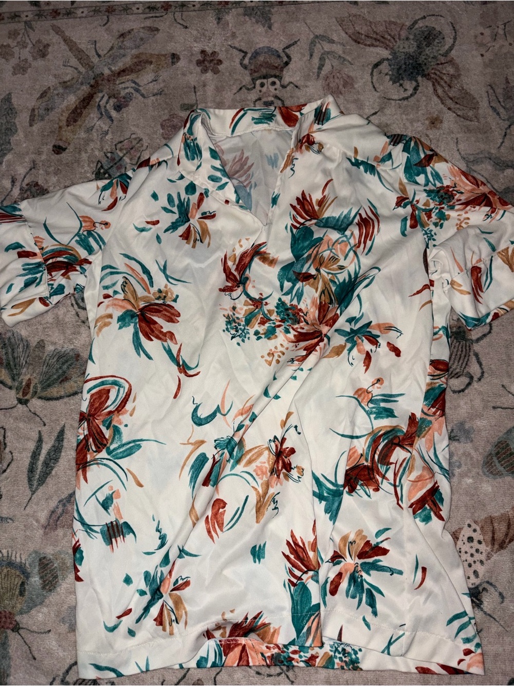 Vintage 1970s Teal & Rust Abstract Floral Print Casual Disco Shirt